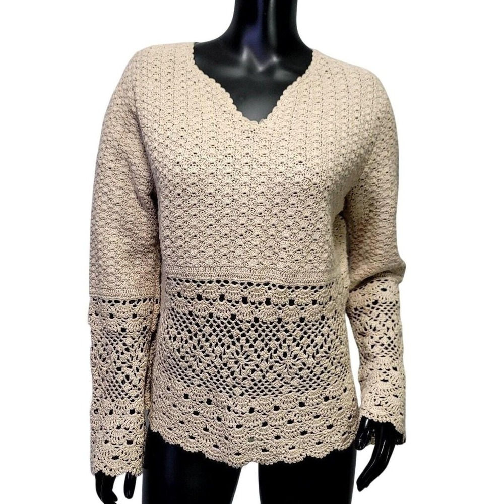 Tiara International Womens M Beige‎ Crochet VNeck Ramie Cotton Knit Sweater